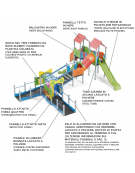 Medio Villaggio attrezzato inclusivo, 3 torri con pali in alluminio rifiniti legno dark - 2 scivoli - cm 847x881x360h