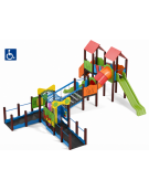 Medio Villaggio attrezzato inclusivo, 3 torri con pali in plastica riciclata - 2 scivoli in polietilene - cm 847x881x360h