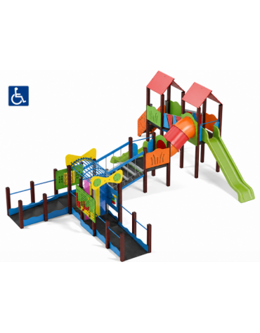 Medio Villaggio attrezzato inclusivo, 3 torri con pali in plastica riciclata - 2 scivoli in polietilene - cm 847x881x360h