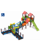 Medio Villaggio attrezzato inclusivo, 2 torri con pali in plastica riciclata - 2 scivoli in polietilene - cm 847x881x360h