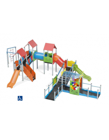 Maxi villaggio inclusivo, 4 torri - con pali in alluminio - 3 scivoli e palestra addossata - cm 885x1300x360h