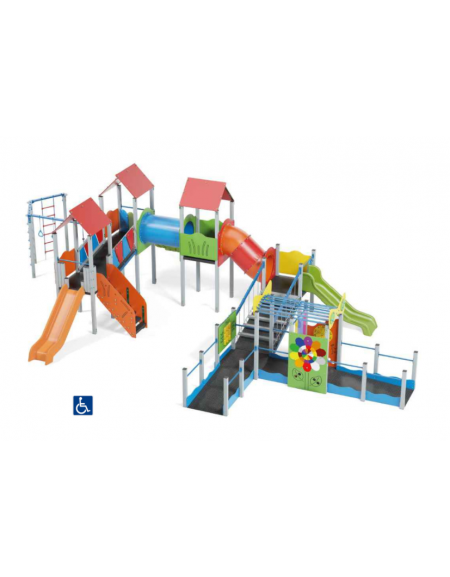 Maxi villaggio inclusivo, 4 torri - con pali in alluminio - 3 scivoli e palestra addossata - cm 885x1300x360h