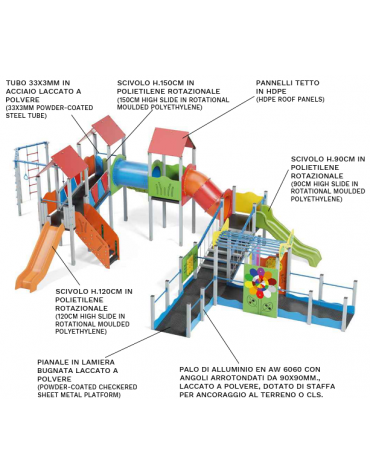 Maxi villaggio inclusivo, 4 torri - con pali in alluminio - 3 scivoli e palestra addossata - cm 885x1300x360h