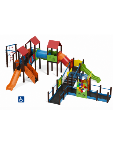 Maxi villaggio inclusivo con pali in alluminio rifiniti legno dark - 3 scivoli e palestra - cm 885x1300x360h
