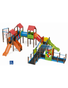 Maxi villaggio inclusivo con pali in alluminio rifiniti legno light - 3 scivoli e palestra - cm 885x1300x360h