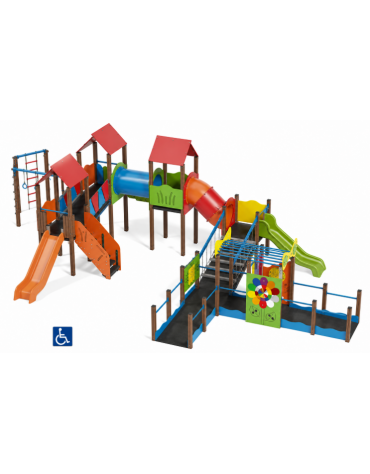 Maxi villaggio inclusivo con pali in alluminio rifiniti legno light - 3 scivoli e palestra - cm 885x1300x360h