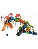 Maxi villaggio inclusivo, 4 torri - con pali in legno termotrattato - 3 scivoli e palestra addossata - cm 885x1300x360h