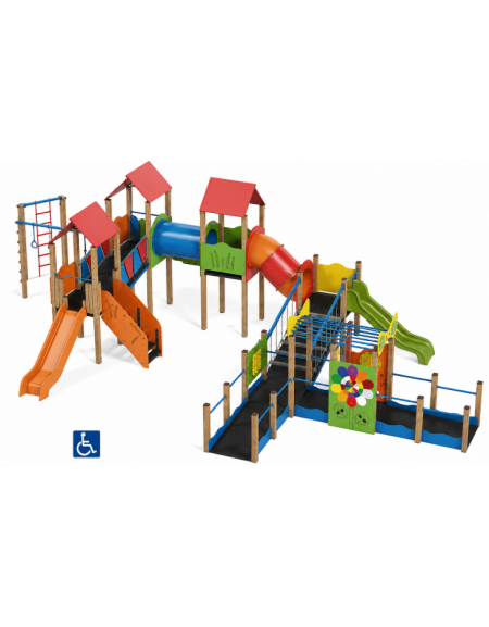 Maxi villaggio inclusivo, 4 torri - con pali in legno termotrattato - 3 scivoli e palestra addossata - cm 885x1300x360h