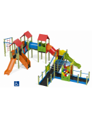Maxi villaggio inclusivo, 4 torri - con pali in legno di pino - 3 scivoli e palestra addossata - cm 885x1300x360h