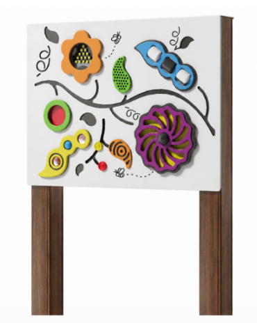 Pannello didattico sensoriale con pali in alluminio rifiniti in legno light - Pannello in HDPE - cm 80x14x132h