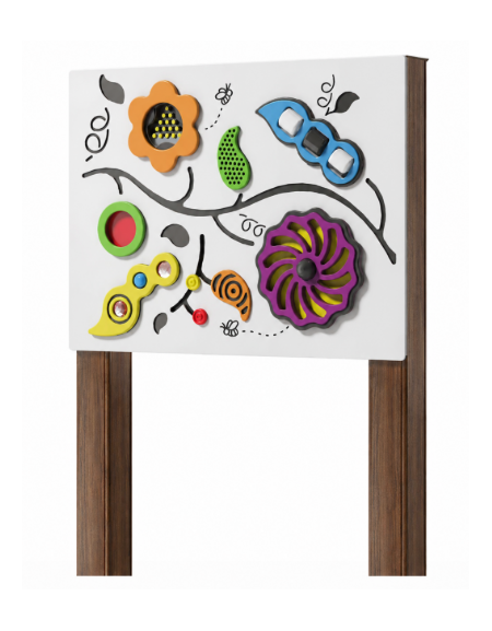 Pannello didattico sensoriale con pali in alluminio rifiniti in legno light - Pannello in HDPE - cm 80x14x132h
