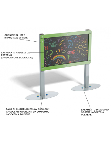 Pannello didattico Lavagna con pali in alluminio - Lavagna in ardesia da esterno - cm 173x35x123h