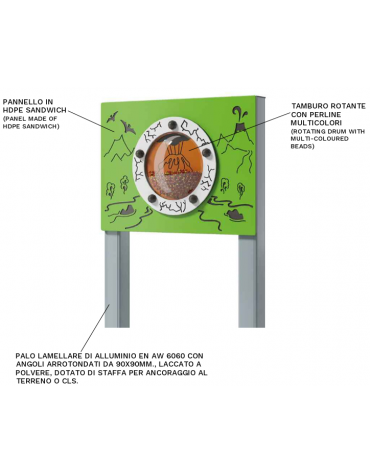 Pannello didattico Vulcano con pali in alluminio - Pannello in HDPE - cm 80x14x132h