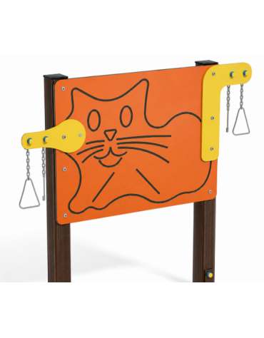 Pannello didattico con sagoma gatto, con pali in alluminio rifiniti in legno dark e pannello in HDPE - cm 135x14x132h