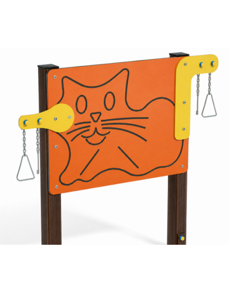 Pannello didattico con sagoma gatto, con pali in alluminio rifiniti in legno dark e pannello in HDPE - cm 135x14x132h