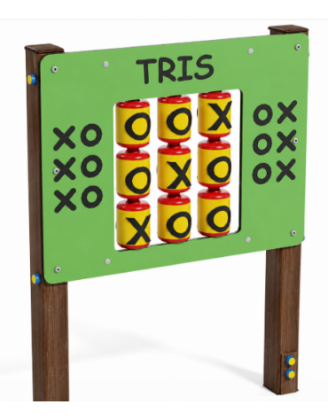 Pannello didattico con il gioco del tris, pali in alluminio rifiniti in legno light e pannello in HDPE - cm 97x13x132h