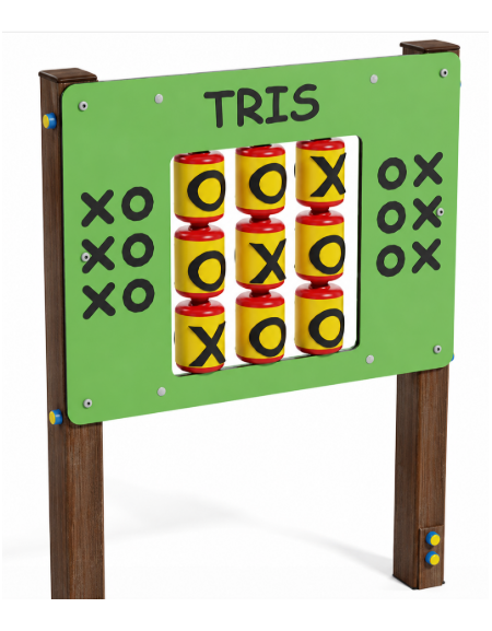 Pannello didattico con il gioco del tris, pali in alluminio rifiniti in legno light e pannello in HDPE - cm 97x13x132h