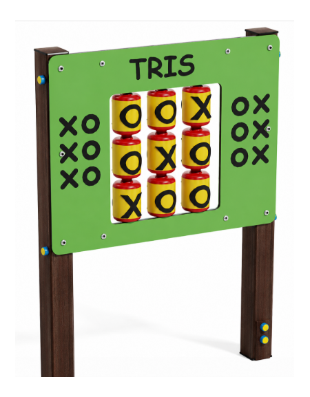 Pannello didattico con il gioco del tris, pali in alluminio rifiniti in legno dark e pannello in HDPE - cm 97x13x132h