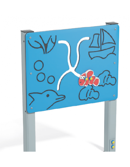 Pannello didattico con sagoma pesciolino, pali in alluminio e pannello HDPE - cm 97x14x132h
