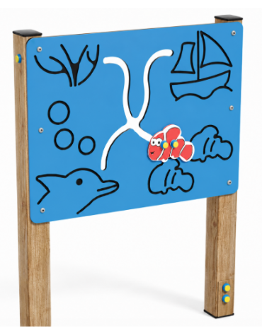 Pannello didattico con sagoma pesciolino, pali in legno termotrattato e pannello HDPE - cm 97x14x132h