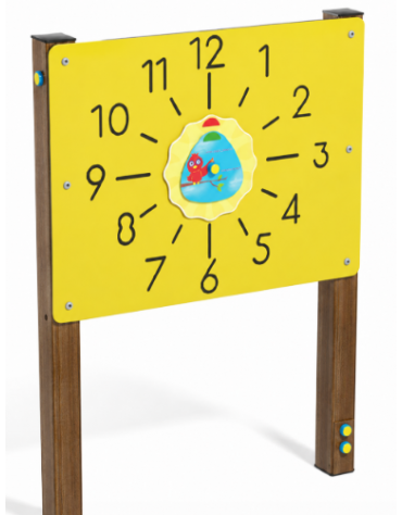 Pannello didattico con orologio, pali in alluminio rifiniti in legno light e pannello HDPE - cm 97x13x132h