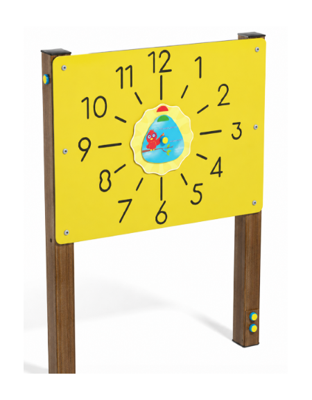 Pannello didattico con orologio, pali in alluminio rifiniti in legno light e pannello HDPE - cm 97x13x132h