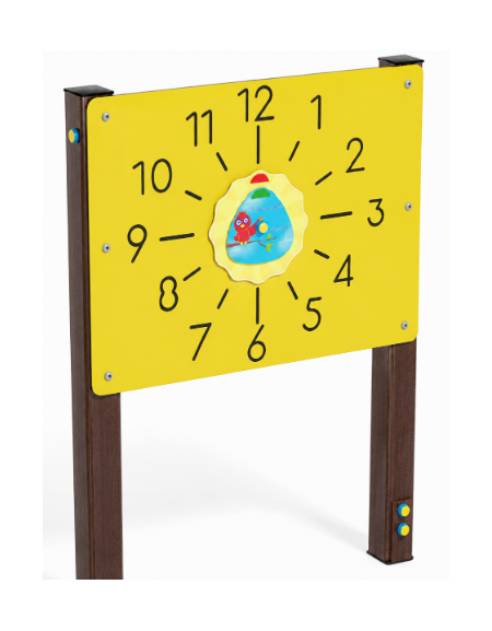 Pannello didattico con orologio, pali in alluminio rifiniti in legno dark e pannello HDPE - cm 97x13x132h