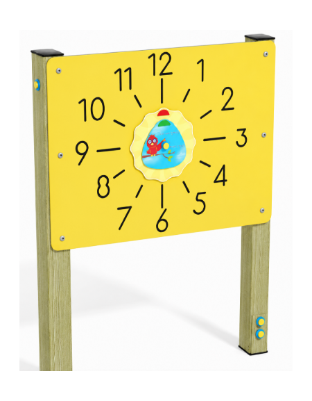 Pannello didattico con orologio, pali in legno di pino nordico e pannello HDPE - cm 97x13x132h