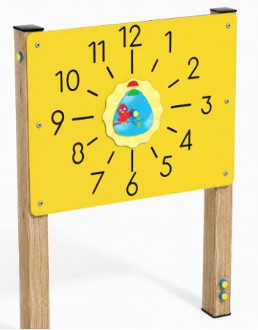 Pannello didattico con orologio, pali in legno termotrattato e pannello HDPE - cm 97x13x132h