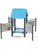 Mondo Didattico sensoriale con pali in alluminio - panca, tetto e pannelli realizzati in HDPE - cm 224x224x195h