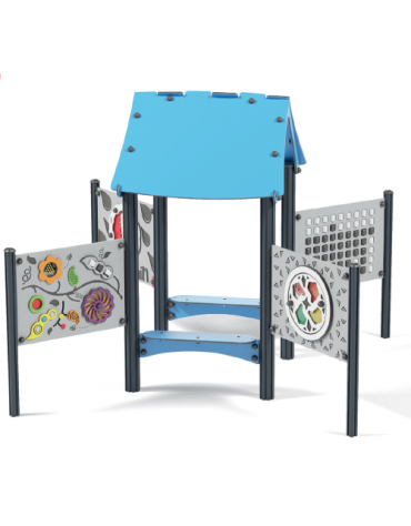 Mondo Didattico sensoriale con pali in alluminio - panca, tetto e pannelli realizzati in HDPE - cm 224x224x195h