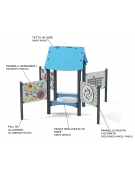 Mondo Didattico sensoriale con pali in alluminio - panca, tetto e pannelli realizzati in HDPE - cm 224x224x195h