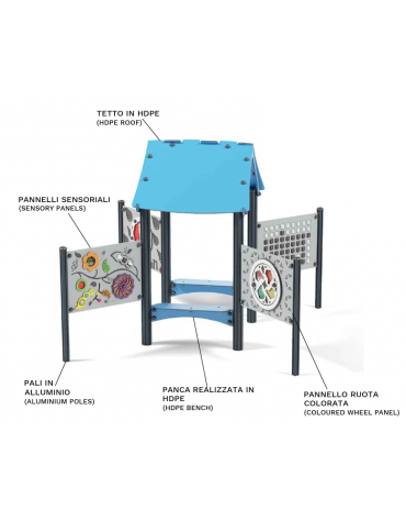 Mondo Didattico sensoriale con pali in alluminio - panca, tetto e pannelli realizzati in HDPE - cm 224x224x195h