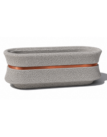 Fioriera ovale in cemento calcestruzzo - colore Bianco sabbiato - con fascia color rame - cm 170x60x65h - Conforme ai CAM