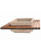 Panchina quadrata seduta in legno con fioriera centrale in cemento colore Bianco travertino - cm 195x195x65h - Conforme ai CAM