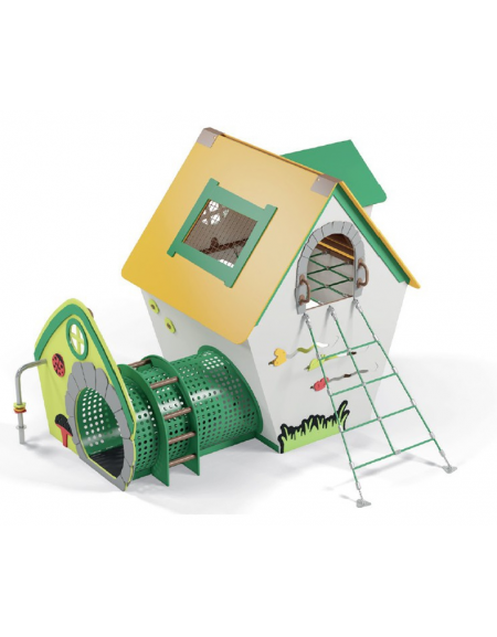 Casetta gnomo piccola per bambini con struttura in HDPE - tunnel integrato, rete in acciaio addossata - cm 310x275x230h