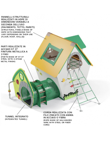 Casetta gnomo piccola per bambini con struttura in HDPE - tunnel integrato, rete in acciaio addossata - cm 310x275x230h