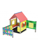 Villino per bambini, pali di alluminio, pannelli in hdpe colorato e pavimentazione interna in carply - cm 219x228x168h