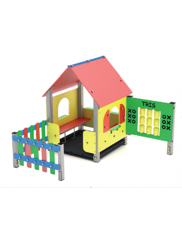 Villino per bambini, pali di alluminio, pannelli in hdpe colorato e pavimentazione interna in carply - cm 219x228x168h