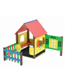Villino per bambini con pali di alluminio rifiniti in legno light, pannelli in HDPE e pavimentazione in carply - cm 219x228x168h