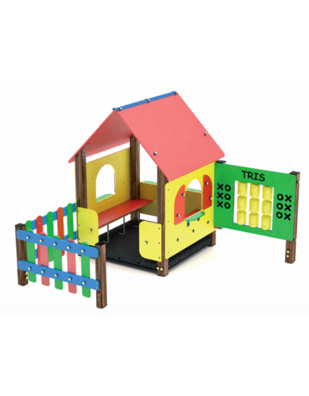 Villino per bambini con pali di alluminio rifiniti in legno light, pannelli in HDPE e pavimentazione in carply - cm 219x228x168h