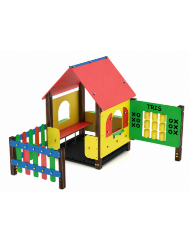 Villino per bambini con pali di alluminio rifiniti in legno dark, pannelli in HDPE e pavimentazione in carply - cm 219x228x168h