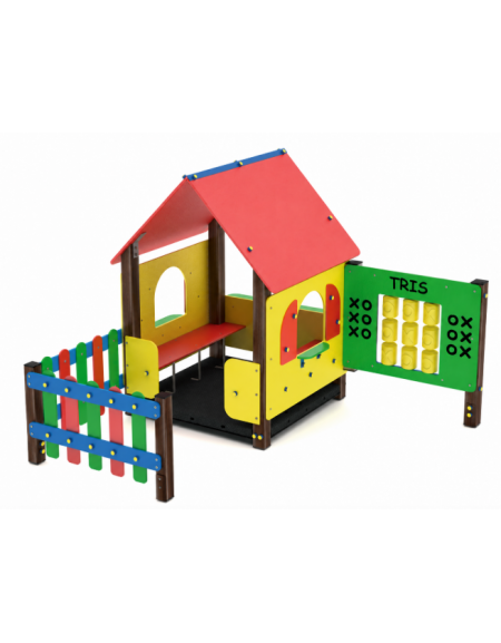 Villino per bambini con pali di alluminio rifiniti in legno dark, pannelli in HDPE e pavimentazione in carply - cm 219x228x168h