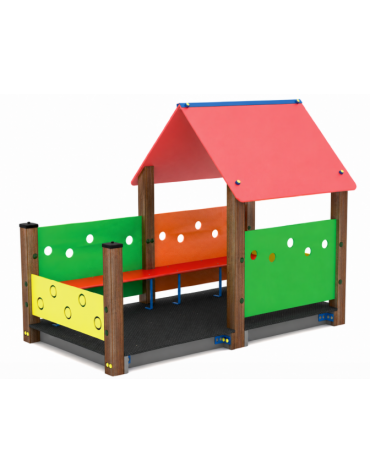 Casetta gioco con struttura in alluminio rifinito in legno light - con verandina e panchine interne - cm 222x131x172h
