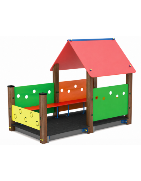 Casetta gioco con struttura in alluminio rifinito in legno light - con verandina e panchine interne - cm 222x131x172h