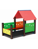 Casetta gioco con struttura in alluminio rifinita in legno dark - con verandina e panchine interne - cm 222x131x172h