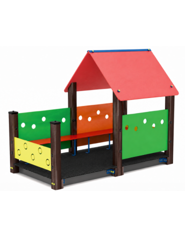 Casetta gioco con struttura in alluminio rifinita in legno dark - con verandina e panchine interne - cm 222x131x172h