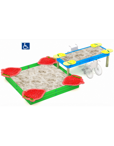 Sabbiera inclusiva con sagome a forma di fragola e limone in HDPE - pali in legno di pino - cm 532x312x88h