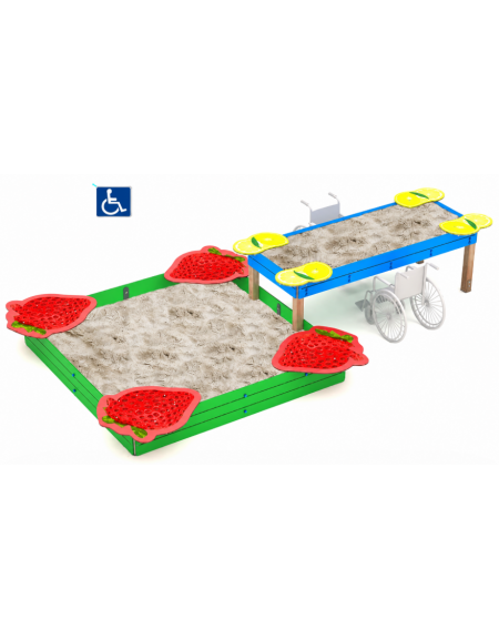 Sabbiera inclusiva con sagome a forma di fragola e limone in HDPE - pali in legno termotrattato - cm 532x312x88h