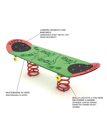 Gioco a molla monoposto Skateboard - realizzato in HDPE - Molla laccata a polvere - cm 175x61x54h